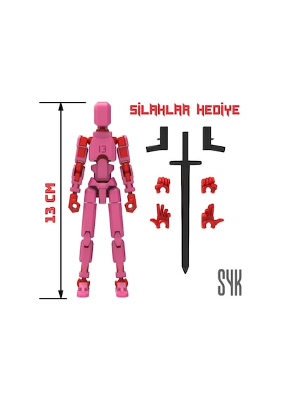 Robot 13 Dummy Pembe Kırmızı Tüm Eklemleri Hareketli Aksiyon Figürü Oyuncak