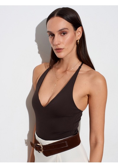 Dilvin 21175 Halter Yaka Bodysuit-koyu Kahve