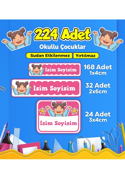Sevimli Çocuk Temalı Okul Kreş Kişiye Özel İsim Etiket Seti - Model 221 Çok Renkli