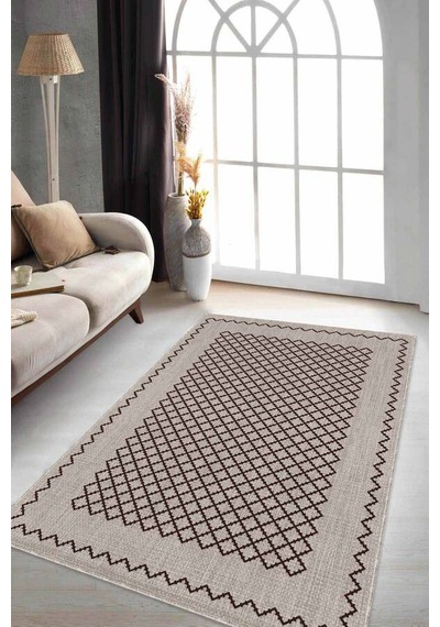 Bej Geometrik Kaymaz Tabanlı Makinede Yıkanabilir Halı Rv175n11