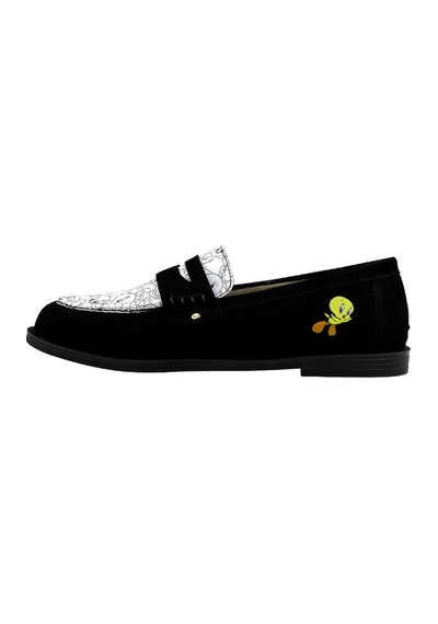 Kadın Vegan Deri Siyah Loafer - Warner Bros Looney Tunes Tweety Tasarım Çok Renkli