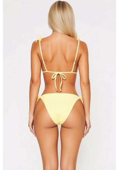 Benerly Kadın Bikini Takımı Üçgen Kaplı Kolsuz Ekose Desenli Düşük Bel Bo Sarı