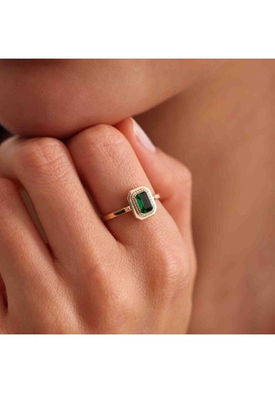 Altın Baget Yüzük Emerald T12869 Renkli