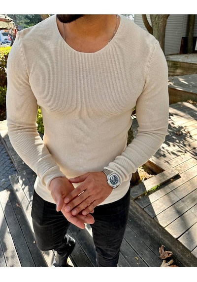 Elku Moda Kazak Örme Tüylenmez Naturel Pamuk Kazak Slim Fit Triko Dar Kesim Body Kazak Krem