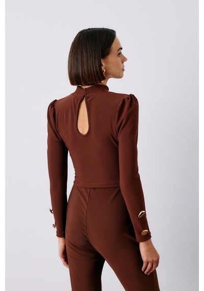 Sateen Düğme Detaylı Crop Bluz - Kahve-133634 Kahve