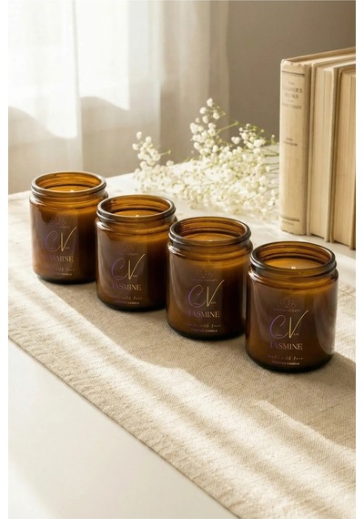 4 Lü Amber Cam Kavanoz Aromaterapi Mum Seti Yasemin Kokulu %100 Doğal Soya Wax Kapaklı 100 Cc Amber