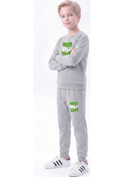 Fyk Kids 3 İplik Baskılı Erkek Çocuk Çift Cepli Bisiklet Yaka Eşofman Takımı Gri