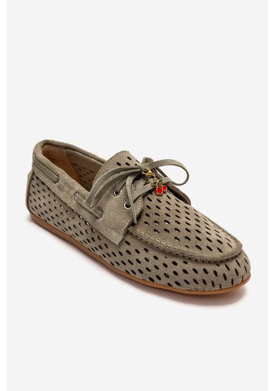 Luvishoes Stevo Yeşil Süet Hakiki Deri Delikli Bağcıklı Kadın Loafer Ayakkabı