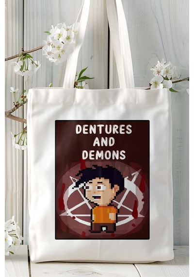 Art Hediye Dentures And Demon Mobil Oyun Baskılı Bez Çanta Omuz Çantası Çift Tafaflı Baskı Kişiye Özel 3 Çok Renkli