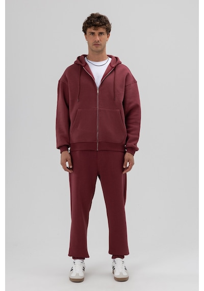 Vamos Basic Fermuarlı Oversize Kapüşonlu Sweatshirt Bordo
