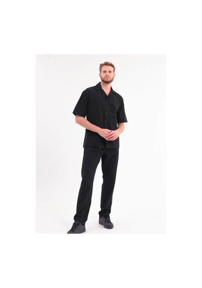 Erkek Siyah Keten Takım Oversize Gömlek & Pantolon 2'li Set Bağcıklı Rahat Yazlık Kombin