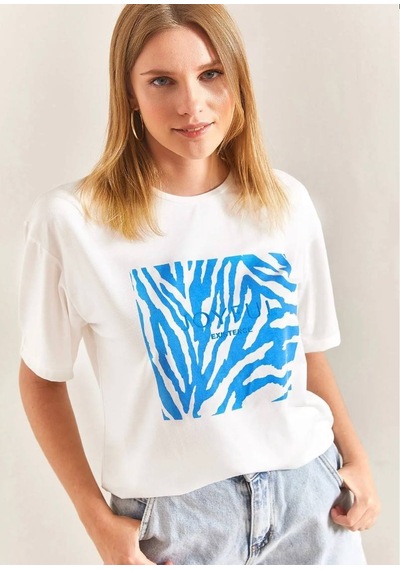 Baskılı Basic Bisiklet Yaka Örme T-shirt Önü Mavi