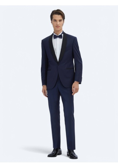 Kip Saks Düz Modern Fit Kelebek Yaka Dokuma Smokin Takım Elbise Saks