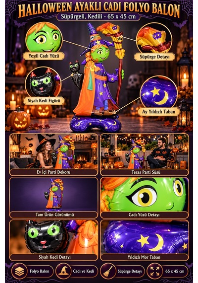 Halloween Cadılar Bayramı Ayaklı Süpürgeli Kedili Cadı Folyo Balon 65x45 Cm Mor Turuncu Oda Süsü Çok Renkli