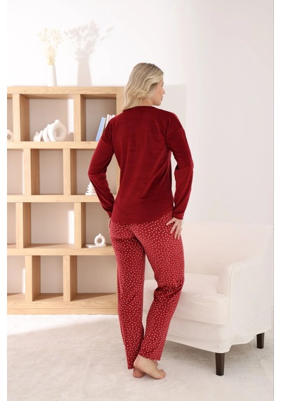 Pijamoni Kadın Fransız Kumaş V Yaka Puantiyeli Bordo Pijama Takımı Bordo