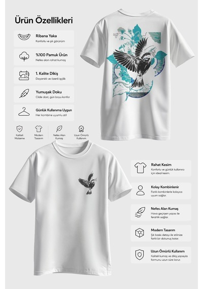 Spoyi Floral Wings Tasarımlı %100 Pamuk Yarım Oversize Beyaz T-shirt