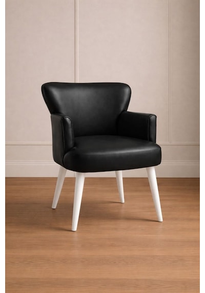 Waterybrook Tekli Berjer Koltuk - Suni Deri - Beyaz Ahşap Ayaklı - Modern Retro Tasarım - Ofis Ve Salon Koltuğu Siyah