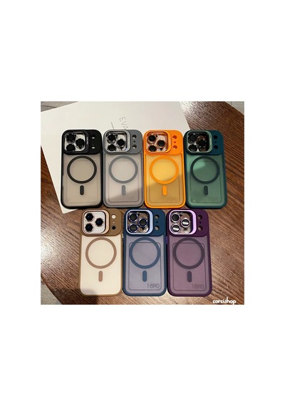 İphone 17 Uyumlu Kılıf Açılır Kamera Stand Magsafeli Mat Renkli Şeffaf + Lens Koruyucu Set Lacivert