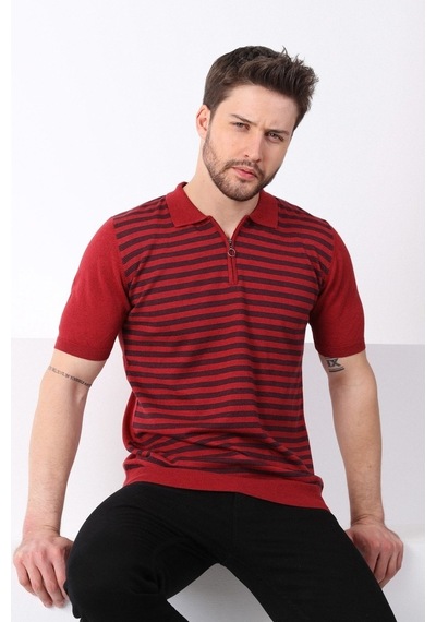 Ferraro Tarçın/Laci Polo Yaka Fermuarlı Erkek Pamuk Triko T-Shirt-Kırmızı
