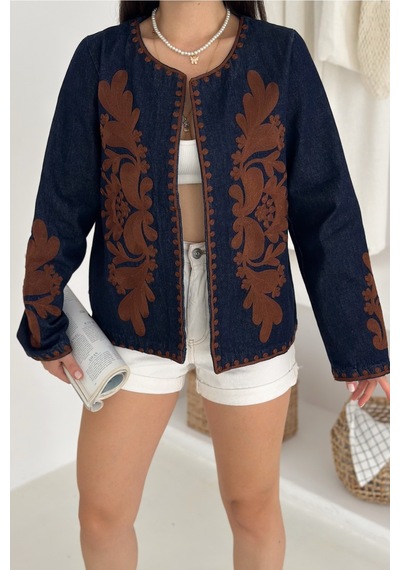 Femelle Kadın Lacivert Vintage Nakışlı Kot Denim Ceket Kahverengi