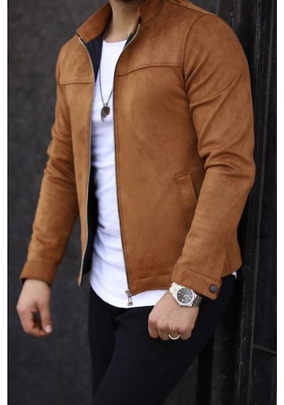 Premium Örme Triko Kol Dik Yaka Süet Ceket Taba