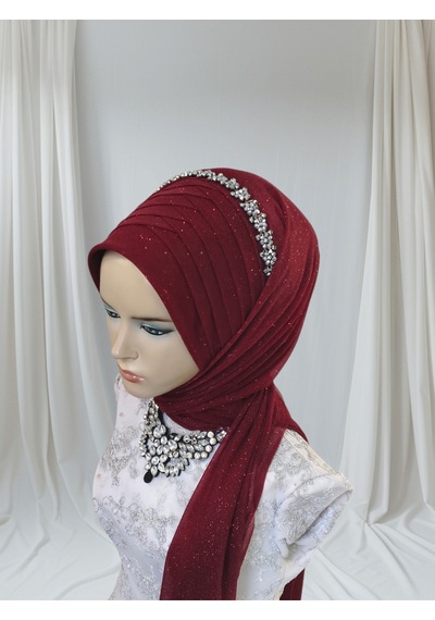Aksesuarlı Bordo Tektek Model Hazır Duvak Hazır Şal Hazır Türban