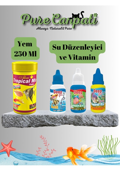 Purecanpati Akvaryum Balık Bakım Seti Tropical Mix Flake 250 Ml + Su Düzenleyici & Vitamin Seti