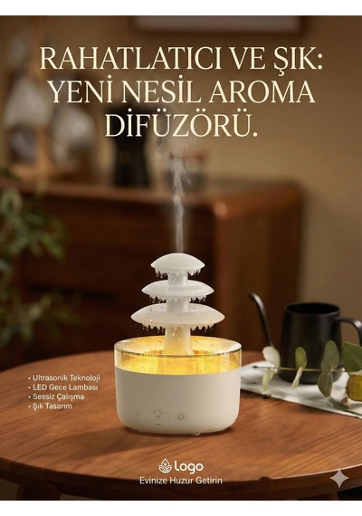 3 Katlı Şelale Yağmur Tasarımlı Ultrasonik Aroma Difüzör - 6 Renk Led Işıklı Hava Nemlendirici