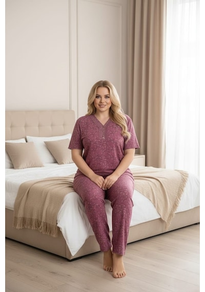 Eyfuze Kadın Büyük Beden Yakası Düğmeli Kısa Kollu Bambu Pijama Takımı Gri