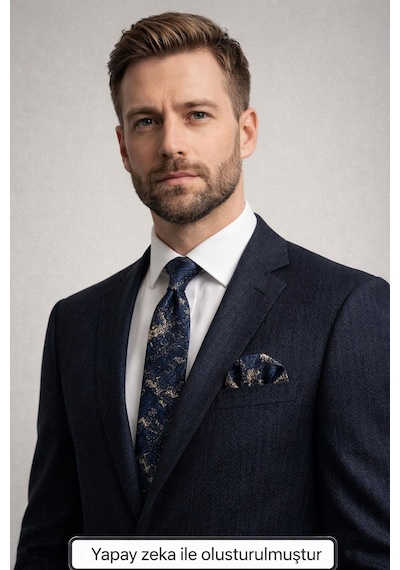 Gaffy Bej Desenli Petrol Mavi Dokuma Kumaş Mendilli Slim Fit Kravat // Sdk-2608-5 Mavi