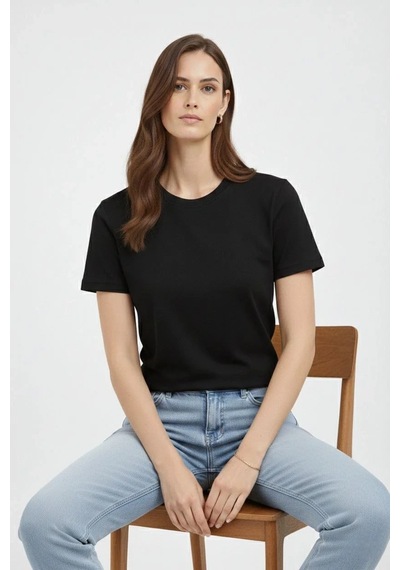 Kadın Bisiklet Yaka Yazlık Kısa Kol Düz Tişört Regular Kalıp T-shirt - Siyah