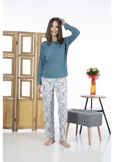Estiva 24119 Kadın Yaprak Desenli Uzun Kollu Yazlık Viskon Pijama Takımı 001