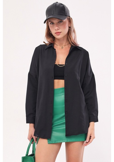 Armonika Kadın Siyah Oversize Uzun Basic Gömlek Arm-22y001118