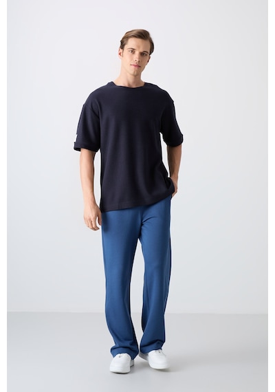Tommy Life Lacivert Pamuklu Kalın Yüzeyi Dokulu Oversize Fit Basic Erkek T-shirt - 88339 Lacivert