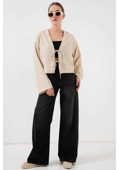 Bigdart Önü Bağlamalı Keten Kimono 960 - Krem