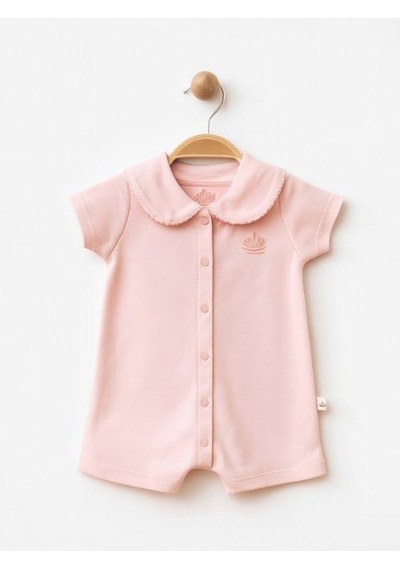 Zekids Kız Bebek Bebe Yakalı Organik Pamuklu Kısa Kol Şort Tulum-15918 Pembe