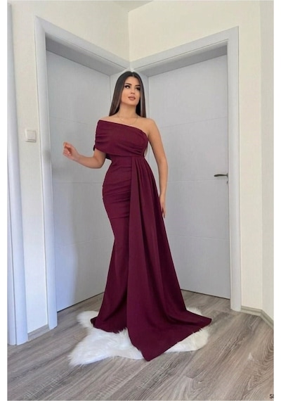 DefyModa Kadın Şık Tasarım Tek Omuz Kuyruklu Balık Kesim Abiye Elbise Bordo