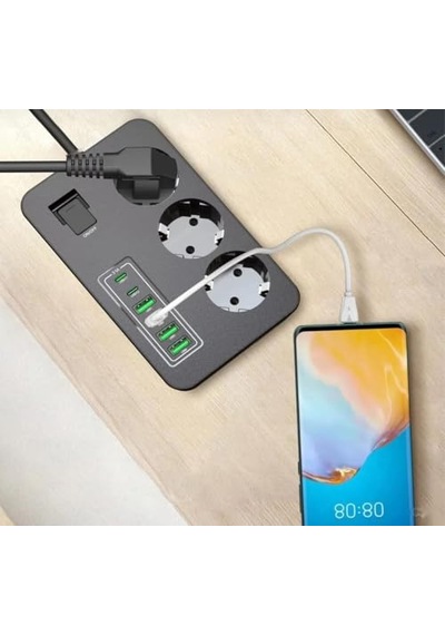 Çoklu Priz 3 Ac Soket + 5 Usb 2 Usb-c, 3 Usb-a - 2 Metre Kablo, Çocuk Korumalı, 3000w Güç, Isıya Dayanıklı, Anahtarlı Uzatma Kablosu