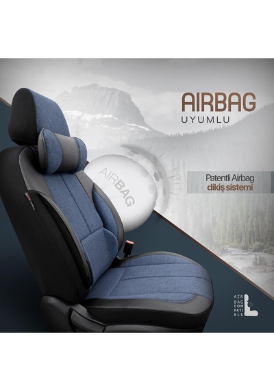 Voyager Design Boyun Ve Bel Destekli Premium Deri-keten Ultra Konforlu Universal Oto Koltuk Kılıfı Tam Set Mavi Genel