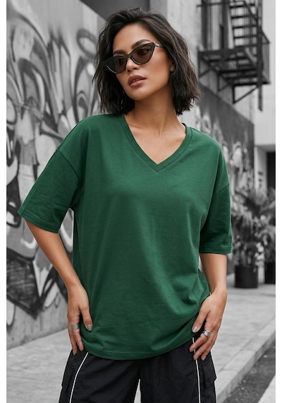 Zey Oversize V Yaka Basic Kadın Tişört - Düşük Omuzlu Salaş Kesim Yesıl