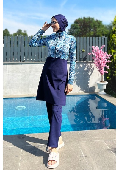 Yarım Fermuarlı Likralı Tam Kapalı Mayo R4506 Üçgen Lacivert