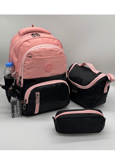 İlk Okul Çantası 3'lü Seti Unisex Çocuk İlkokul Çantası Gry-8010 Pudra-siyah Pembe