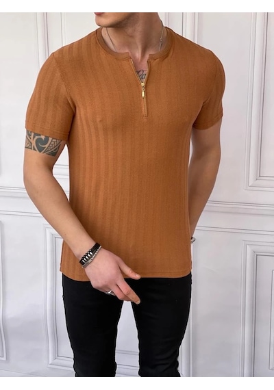 Modefendi Slim Fit Sıfır Yaka Fermuar Detaylı Triko Tshırt Kahverengi