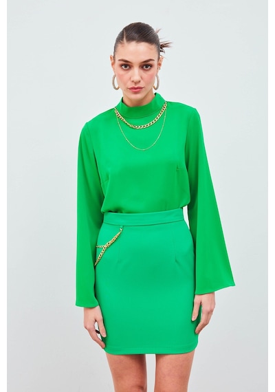 Sateen Zincir Aksesuarlı Mini Etek - Yeşil