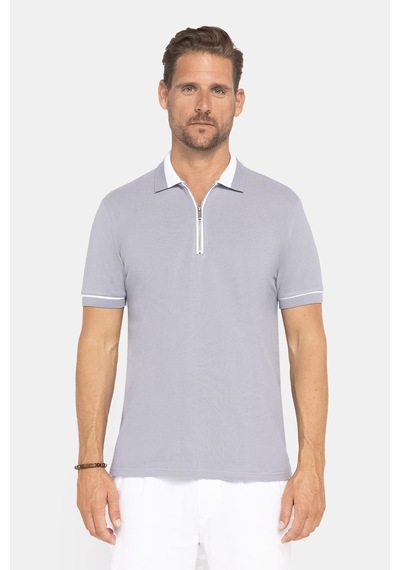 Tudors Erkek Slim Fit Dar Kesim %100 Pamuk Düz Pike Fermuarlı Gri Polo Yaka Tişört-31108 Gri