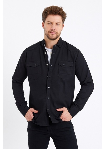 Cool Tarz Erkek Siyah Çift Cepli Çıt Çıt Düğmeli Slim Fit Kot Gömlek-tcktgmlkr01s Siyah Siyah