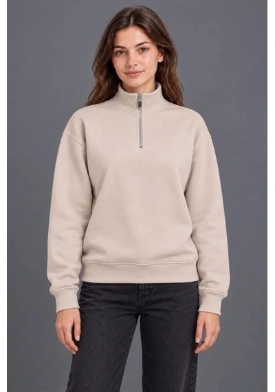 Üç İplik İçi Şardonlu Dik Yaka Yarım Fermuarlı Kışlık Sweatshirt - Bej