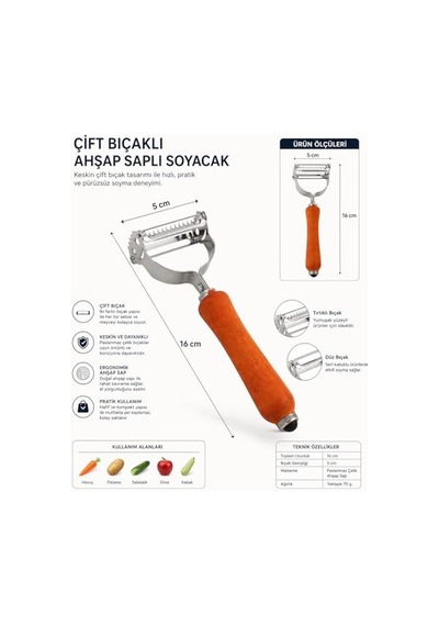 Çift Bıçaklı Ahşap Saplı Sebze Ve Meyve Soyacak Paslanmaz Çelik Ultra Keskin Tırtıklı & Düz Bıçaklı, E Diğer