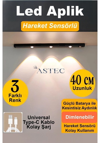 Astec Dolap Ve Masa Altı Led Aydınlatma Şarjlı Sensörlü 3 Renk Usb Çok Renkli
