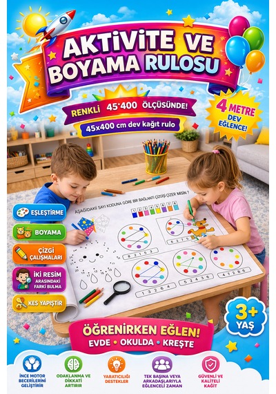 Haydi Dekor 45 Cm X 4 Metre Dev Etkinlik Ve Aktivite Rulosu Çocuklar Için Eğitici Boyama, Çizgi Çalışması, Labirent, Bulmaca Ve Zeka Geliştirici Oyun Rulosu 1 Adet